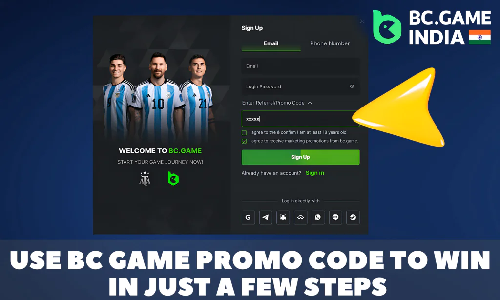 Step-by-step instructions on how to use a promo code in BC Game